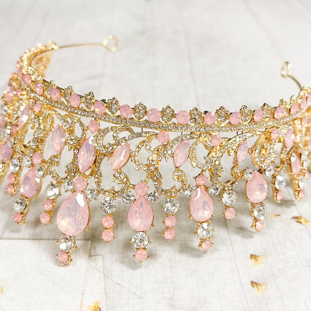 Pink and Gold Crystal Tiara Wedding Princess Gemstone Crown Adult women’s queen - Picture 6 of 11